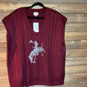 Kodi Layerz Clothing Vest Maroon Cable Knit with Buckin Bronco Women’s 3X NWT
